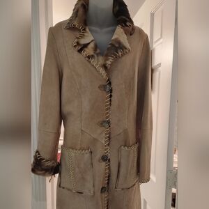 Women's Luxury Tan Suede Coat with Real Fur Trim